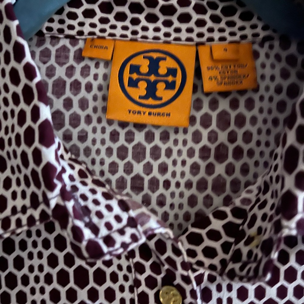 Tory Burch Burgundy and White Geometric Blouse